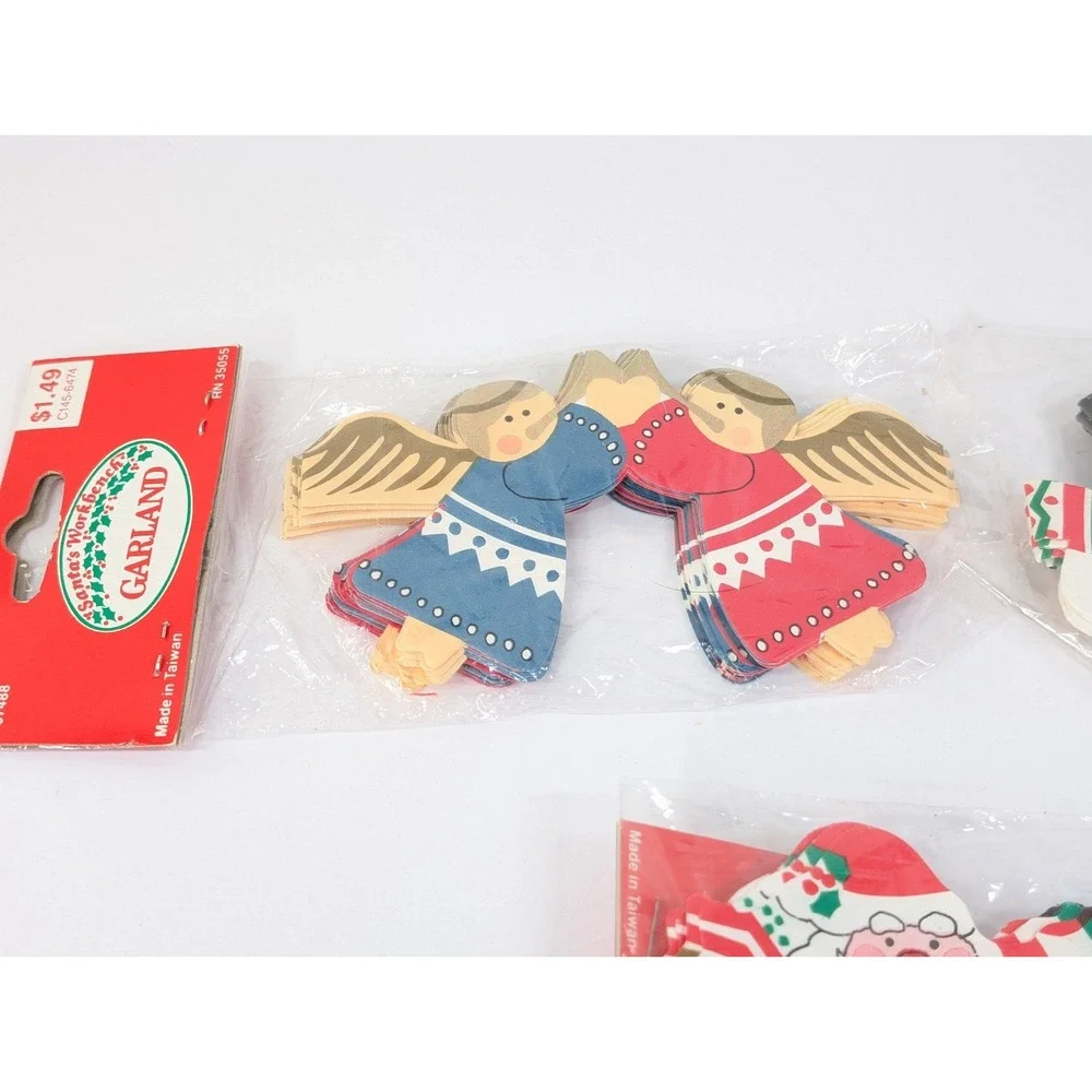 3 Vintage Christmas Paper Santa‎ Claus, Snowman And Angel Garland Made In Taiwan
